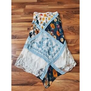 Anthropologie Printed Mermaid Maxi Skirt Embroidered Mesh Floral Blue Size L